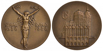 Померания медаль 1928 300 лет обороне Валленштайна, 36 мм, 20,2 гр Hasselmann 257 бронза UNC 1527-831