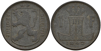 Бельгия 1 франк 1942 Belgique - Belgie, Леопольд III (1934-1947), германская оккупация, Вторая мировая война KM 127 цинк 4161-433