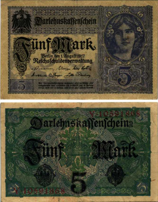 ГЕРМАНИЯ 5 МАРОК 1917 1 АВГУСТА 1920, ВОСЕМЬ ЦИФР В НОМЕРЕ СЕРИИ Pick 56b бумага 6293-30-1-1