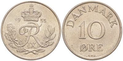 Дания 10 эре 1955 N; S, Фредерик IX (1947-1972) KM 841.1 медно-никель 187-512