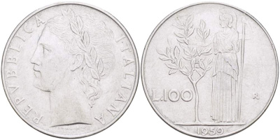 ИТАЛИЯ 100 ЛИР 1959 R, АФИНА KM 96.1 нержавеющая сталь 4526-125