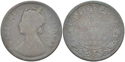Британская Индия 1/4 анна 1882 Виктория (1837-1901) KM 486 медь 117-934