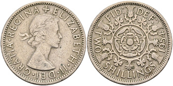 Великобритания 2 шиллинга (флорин) 1954 Елизавета II (1952-2022) KM 906, Spink 4146 медно-никель 4117-1022