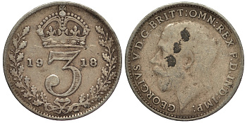 Великобритания 3 пенса 1918 Георг V (1910-1936) KM 813, Spink 4015 серебро 4528-464