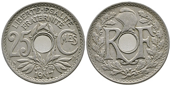 ФРАНЦИЯ 25 САНТИМОВ 1917 KM 867а медно-никель 26-311