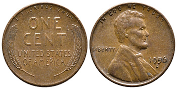 США 1 ЦЕНТ 1956 D ЛИНКОЛЬН, БРАК KM А132 медь цинк 4364-733