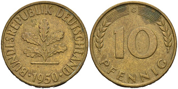 ФРГ 10 ПФЕННИГОВ 1950 G KM 103, J. 378 сталь плакированная латунью 4514-954