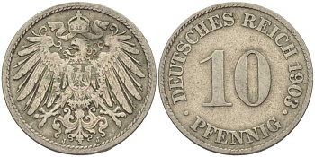 ГЕРМАНИЯ 10 ПФЕННИГОВ 1903 J KM 12, J. 13 медно-никель 4401-1252