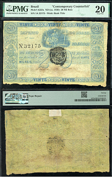 Бразилия 20 мил рейс ND (ca. 1850) Thesouro Nacional, Perkins, Bacon & Petch, England, в слабе PMG 20 Very Fine, топ грейд Pick A223  бумага   452-2-122
