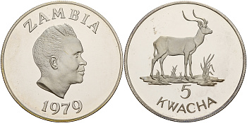 Замбия 5 квача 1979 WWF, серия защита окружающей среды, антилопа личи,  тираж 25000 экз., в коробке KM 18а серебро PROOF 4-3-5-29