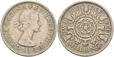 Великобритания 2 шиллинга (флорин) 1954 Елизавета II (1952-2022) KM 906, Spink 4146 медно-никель 4117-1022