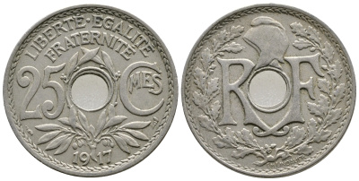 ФРАНЦИЯ 25 САНТИМОВ 1917 KM 867а медно-никель 26-311