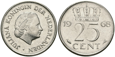 НИДЕРЛАНДЫ 25 ЦЕНТОВ 1968 ЮЛИАНА KM 183 никель 96-211