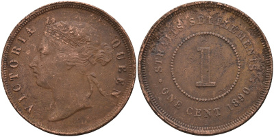 Стрейтс-Сетлментс 1 цент 1890 Виктория (1837-1901), Ост-Индская компания KM 16 бронза 4590-444