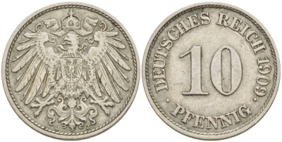 Германия 10 пфеннигов 1909 J KM 12, Jager 13, Weege 8 медно-никель 219-153