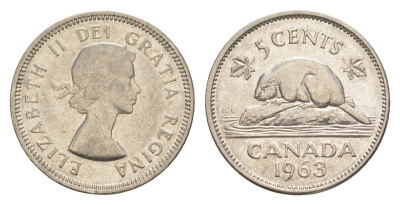 Канада 5 центов 1963 Елизавета II (1952-2022), бобр KM 57 никель 4636-565