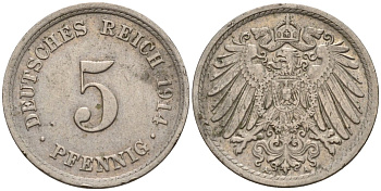 Германия 5 пфеннигов 1914 A KM 11, J. 12 медно-никель 4151-546