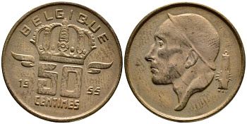 БЕЛЬГИЯ 50 САНТИМОВ 1955 BELGIQUE KM 144 бронза 4392-811