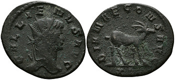 Римская Империя антониниан 265 - 267 Галлиен DIANAE CONS AVG ГАЗЕЛЬ, Рим Very fine RIC 747b бронза 1073-10-41