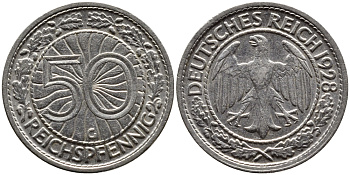 Германия 50 рейхспфеннигов 1928 G KM 49, J.324 никель 4387-1162