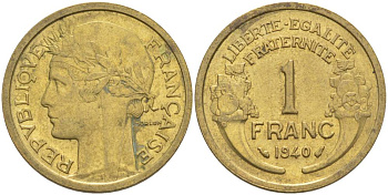 Франция 1 франк 1940 тип Морлон KM 885, LE FRANC 219.11 алюминиевая бронза 3853-212