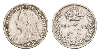 Великобритания 3 пенса 1893 Виктория (1837-1901) KM 777, Spink 3942 серебро 4658-958