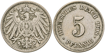 Германия 5 пфеннигов 1908 J KM 11, Jager 12, Weege 6 медно-никель 4364-4525