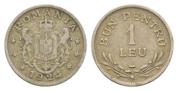 Румыния 1 лей 1924 Фердинанд I (1914-1927) KM 46 медно-никель 4620-1112