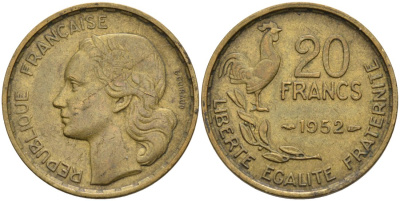 ФРАНЦИЯ 20 ФРАНКОВ 1952 ПЕТУХ, 4 ПЕРА КМ 917.1, LE FRANC 402.9 алюминиевая бронза 4573-224