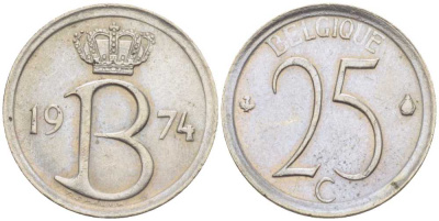 БЕЛЬГИЯ 25 САНТИМОВ 1974 BELGIQUE, БОДУЭН I (1951-1993) KM 153.1 медно-никель 214-441