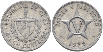 Куба 5 сентаво 1972 звезда, вторая республика (1962- ) KM 34 алюминий 67-1052