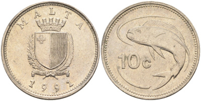Мальта 10 центов 1991 золотая макрель KM 96 медно-никель 4588-223