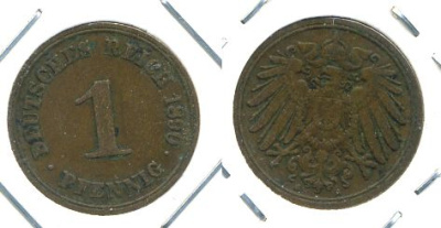 ГЕРМАНИЯ 1 ПФЕННИГ 1890 A KM 10, J. 10 медь 701-114