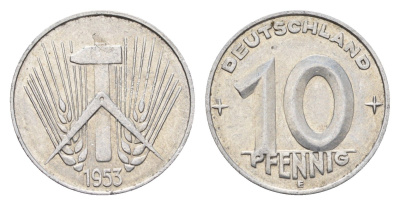ГДР 10 пфеннигов 1953 E KM 7 алюминий 4651-623