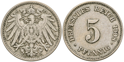 Германия 5 пфеннигов 1908 J KM 11, Jager 12, Weege 6 медно-никель 4364-4525