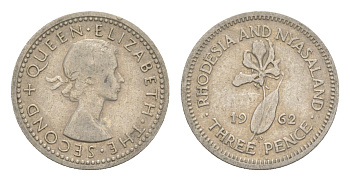 Родезия и Ньясаленд 3 пенса 1962 Елизавета II (1952-2022), цветок глориоза KM  3 медно-никель  4640-926