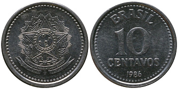 Бразилия 10 сентаво 1986 KM 602, Schon 111 нержавеющая сталь UNC 4567-956