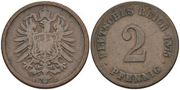 Германия 2 пфеннига 1875 C, старогербовка KM 2, J. 2 медь 4575-635