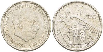 ИСПАНИЯ 5 ПЕСЕТ 1957 (70) ФРАНСИСКО ФРАНКО ДИКТАТОР ИСПАНИИ (1939-1975) KM 786 медно-никель 210-1122