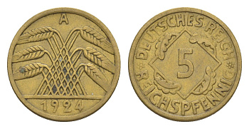 Германия 5 рейхспфеннигов 1924 A KM 39, J. 316 алюминиевая бронза 4644-1132