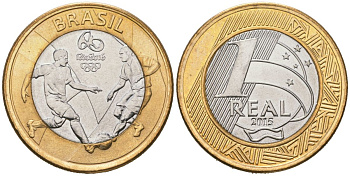 Бразилия 1 реал 2015 XXXI летние Олимпийские Игры, Рио-де-Жанейро 2016 - Футбол KM 708 биметалл UNC 4619-324