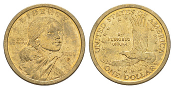 США 1 доллар 2000 Р, индианка Сакагавея KM 310 медь с марганцево-латунным покрытием aUNC 4629-535