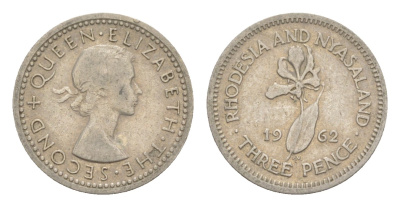 Родезия и Ньясаленд 3 пенса 1962 Елизавета II (1952-2022), цветок глориоза KM  3 медно-никель  4640-926