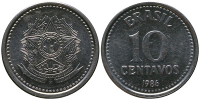 Бразилия 10 сентаво 1986 KM 602, Schon 111 нержавеющая сталь UNC 4567-956