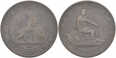 Испания 10 сентимо 1870 ОМ, лев со щитом KM 663 (Y54) медь 3855-543