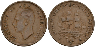 ЮАР 1/2 пенни 1941 Георг VI (1937-1952) KM 24 бронза 181-1023