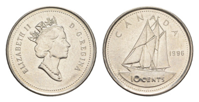 Канада 10 центов 1996 Елизавета II (1952-2022), парусник KM 183 никель UNC 4651-624