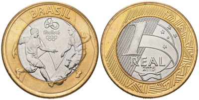 Бразилия 1 реал 2015 XXXI летние Олимпийские Игры, Рио-де-Жанейро 2016 - Футбол KM 708 биметалл UNC 4619-324