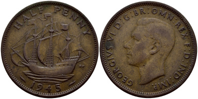Великобритания 1/2 пенни 1945 Георг VI (1936-1952) KM 844, Spink 4115 бронза 56-1447