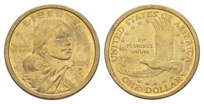 США 1 доллар 2000 Р, индианка Сакагавея KM 310 медь с марганцево-латунным покрытием aUNC 4629-535